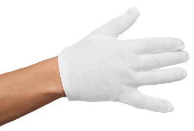 Beyaz arka planda kumaş eldivenli adam.