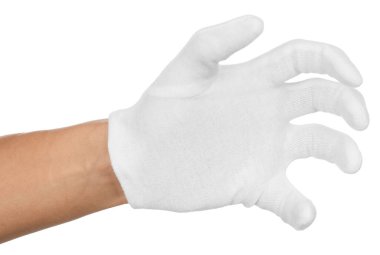 Beyaz arka planda kumaş eldivenli adam.