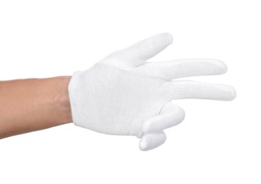 Beyaz arka planda kumaş eldivenli adam.