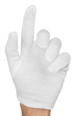 Beyaz arka planda kumaş eldivenli adam.