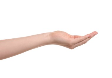 Kadın beyaz arka planda bir şey istiyor, yakın plan.