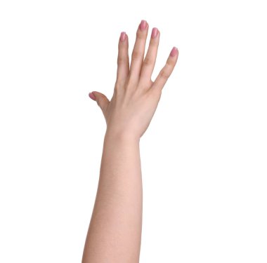 Beyaz arka planda eli olan bir kadın, yakın plan