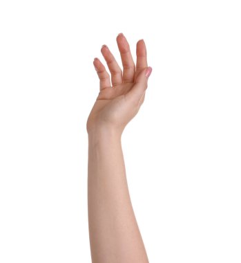 Beyaz arka planda eli olan bir kadın, yakın plan