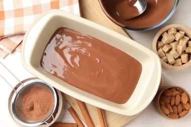 Sıvı çikolata hamuru, kakao tozu, esmer şeker, tarçın ve fındık.