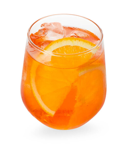 Glass of refreshing spritzer cocktail isolated on white