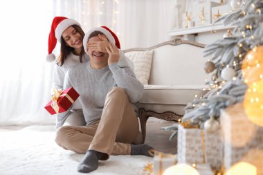 Mutlu kadın evde erkek arkadaşına yılbaşı hediyesiyle sürpriz yapıyor.