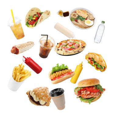 Farklı fast food, içecekler ve soslar beyaz arka plana düşüyor. Yemek servisi.