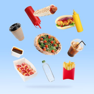 Farklı fast food, içecekler ve soslar açık mavi arka plana düşüyor. Yemek servisi.
