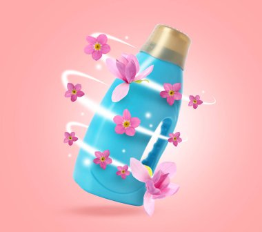 Çamaşır deterjanı ya da pembe arka planda çiçek kokulu yumuşatıcı. Şişenin etrafında uçuşan çiçekler