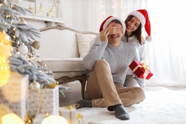 Mutlu kadın evde erkek arkadaşına yılbaşı hediyesiyle sürpriz yapıyor.