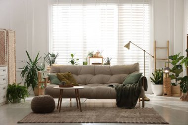 Kanepesi ve çiçekleri olan şık bir oturma odası. İç tasarım