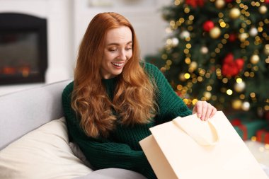 Kanepede alışveriş çantasıyla gülümseyen kadın rahat bir odada bulanık ışıklara karşı. Mutlu Noeller ve mutlu yıllar.