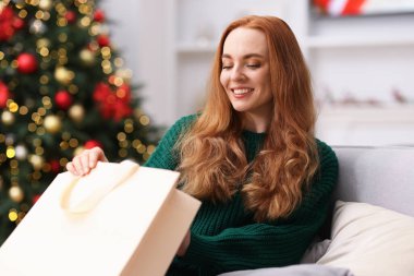 Kanepede alışveriş çantasıyla gülümseyen kadın rahat bir odada bulanık ışıklara karşı. Mutlu Noeller ve mutlu yıllar.