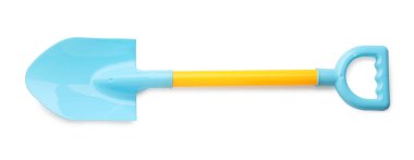 Plastik kürek beyaza izole edilmiş, üst manzara. Çocukların plaj oyuncağı.