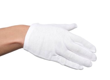 Kumaş eldivenli adam beyaz arka planda birini selamlıyor, yakın plan.