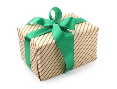 Gift box with green ribbon isolated on white