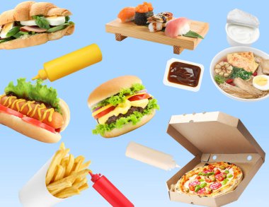 Açık mavi arka plana düşen farklı fast food ve soslar. Yemek servisi.