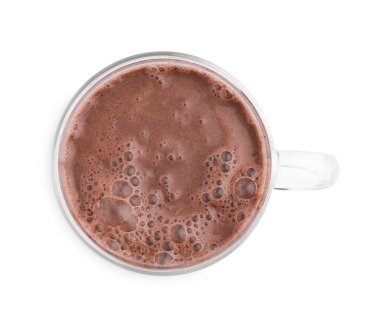 Beyaz bardaktaki leziz sıcak kakao, üst manzara.