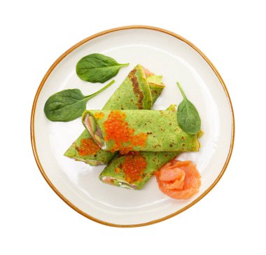 Somon, avokado, krem peynir ve kırmızı havyarlı lezzetli ıspanaklı krep.