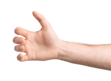 Beyaz arka planda bir şey tutan adam, yakın plan.