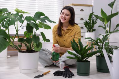 Bir kadın evdeki saksı bitkisine su püskürtüyor.