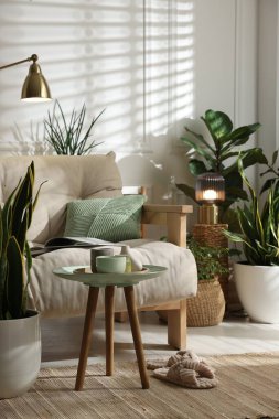 Kanepesi ve çiçekleri olan şık bir oturma odası. İç tasarım