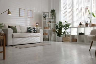 Rahat bir kanepe, diğer mobilyalar ve kapalı alandaki yeşil bitkiler. İç tasarım