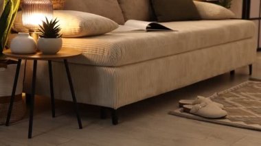 İç dizayn. Kanepesi ve çiçekleri olan şık bir oturma odası. Kamera yukarı hareket ediyor