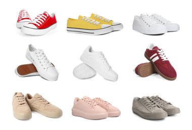 Beyaza izole edilmiş farklı spor ayakkabıları.