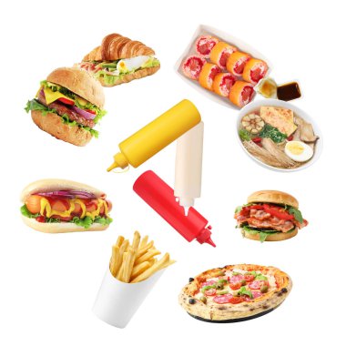 Beyaz arka plana düşen farklı fast food ve soslar. Yemek servisi.