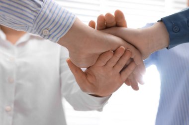 Ev içinde el ele tutuşan insanlar, düşük açı manzaralı. Takım oluşturma