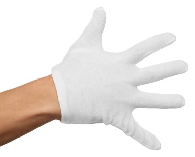 Beyaz arka planda kumaş eldivenli adam.