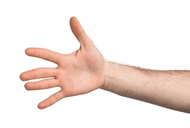 Beyaz arkaplanda avuç içi gösteren adam, yakın plan