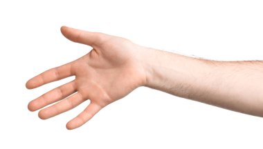 Beyaz arkaplanda avuç içi gösteren adam, yakın plan