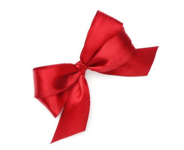 Kırmızı kurdeleyle yapılmış güzel bir fiyonk. Beyaz, üst manzara.