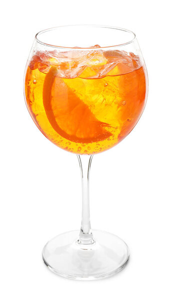 Glass of refreshing spritzer cocktail isolated on white