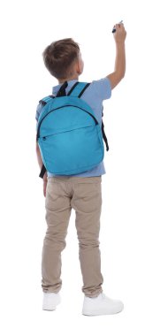 Beyaz arkaplan, arka plan üzerinde işaret olan bir şey çizen çocuk