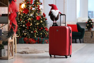 Evde bulanık ışıklara karşı dekoratif cüceyle dolu bavul. Noel tatili