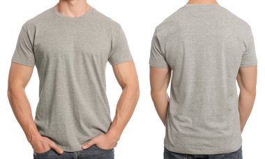 Boş gri tişörtlü adam beyaz tişörtlü, yakın plan. Kolaj