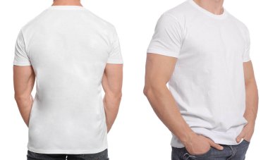 Boş tişörtlü adam beyaz tişörtlü, yakın plan. Kolaj