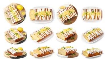 Beyaza izole edilmiş lezzetli limonlu turta. Üst ve yan görünüm