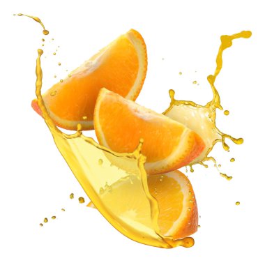 Beyaz arka planda portakal suyu damlatan portakal parçaları