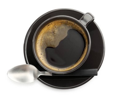 Beyaz arka planda, fincanda Aromatik kahve, üst manzara.