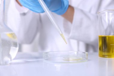 Laboratuvarda, Petri kabına motor yağı damlatan bir bilim adamı.