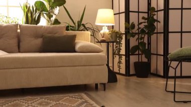 İç dizayn. Kanepesi ve çiçekleri olan şık bir oturma odası. Kamera sola hareket ediyor