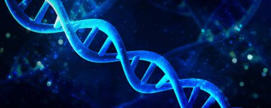 DNA çift sarmal yapısı ve koyu mavi arka planda bokeh ışıkları. Pankart tasarımı