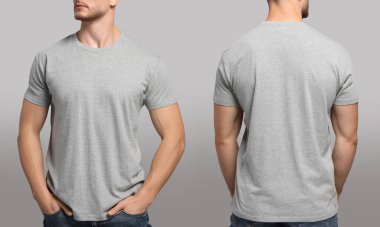 Gri arka planda, boş tişörtlü adam, yakın plan. Kolaj