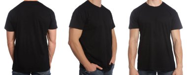 Siyah tişörtlü, beyaz tişörtlü adam, yakın plan. Kolaj