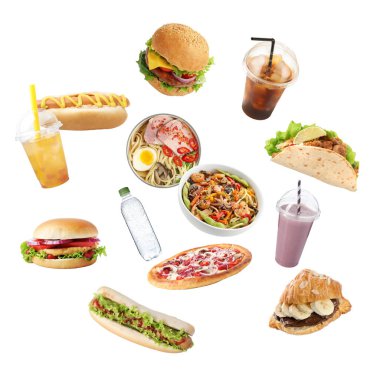 Beyaz arka plana düşen farklı fast food ve içecekler. Yemek servisi.