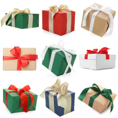 Hediye kutuları beyaza izole edilmiş, set. Noel hediyesi